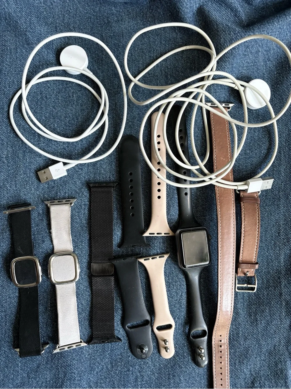 Series 3 38 mm Apple Watch (works but old) with lots of bands and two chargers